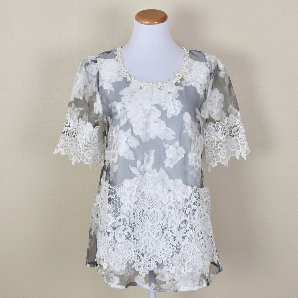 Pretty Angel Silk Floral Crochet Overlay Tunic Top NEW - S